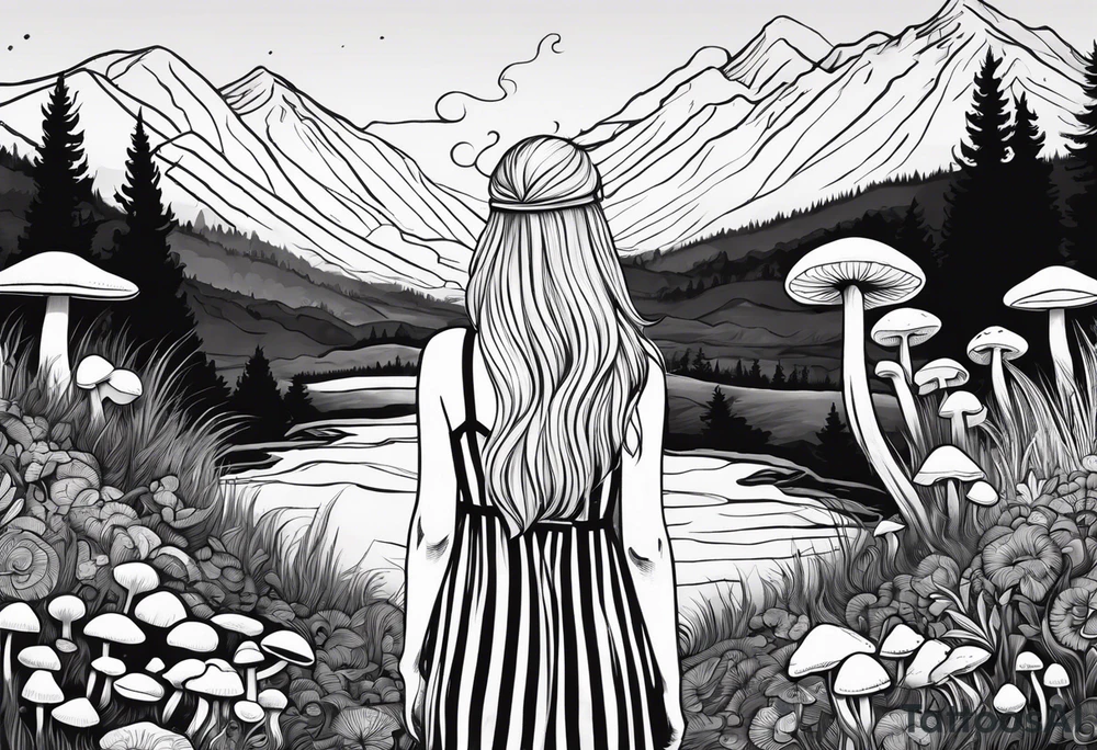 Straight long blonde hair hippie girl in distance holding mushrooms in hand facing away toward mountains and creek surrounded by mushrooms black and white striped dress tattoo idea