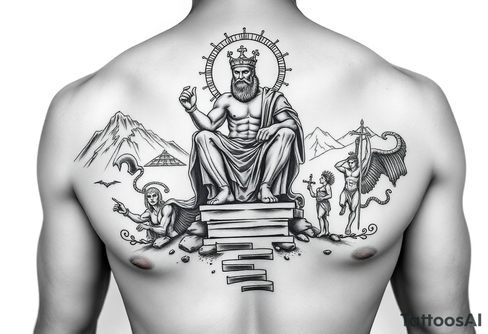 Realism Full chest peice including the Greek gods with zues on his throne looking down from the mountain casting judgement on the people add lighting and Mount Olympus and a temple and a battle scene make zues muscular add hades Medusa and minator tattoo idea