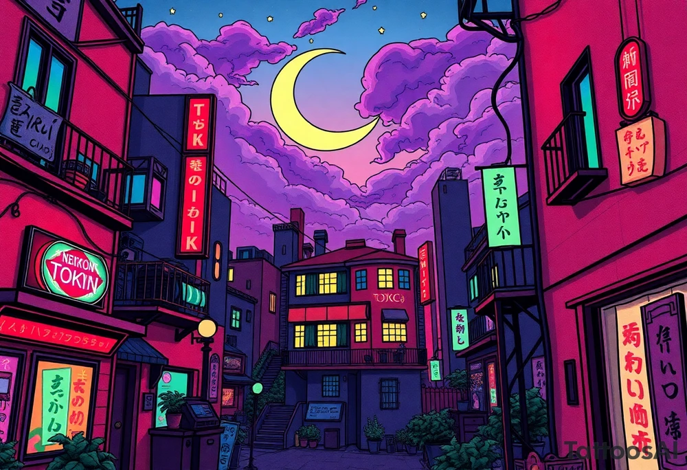 Tim Burton’s haunted pastel Tokyo apartment from the street view is littered in neon signs and dripping with muted reds, dusty pinks, and eerie green glow.purple and cyan smokey clouds swirl in the crescent moonlit sky thats sprinkled with stars tattoo idea tattoo idea