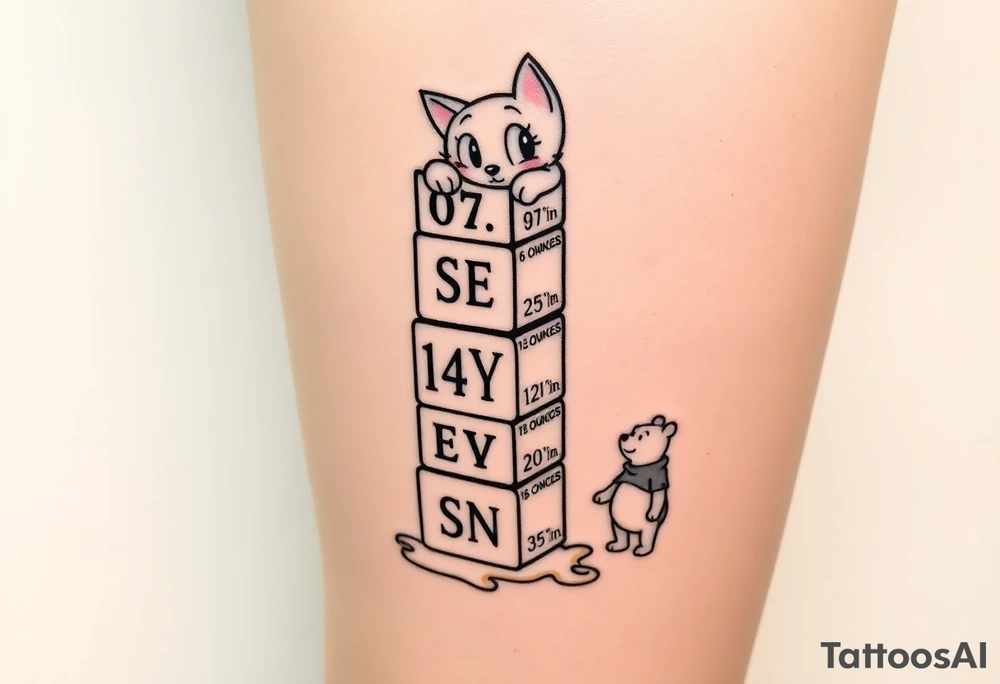 a thigh tattoo with alphabet blocks going down vertically stacked crooked on the alphabet blocks,the name S E V Y N is alternated on the sides of all five blocks and 07 14 25 is alternated on the other sides of the blocks as well and on the top of the blocks Marie from the Aristocats peeking looking showing her eyes, and her bow on her head and her front pause and then on the bottom block Winnie the Pooh standing on the ground, reaching up on the block for the honey that’s spilling off the side and on the left side then not on the blocks to say 6 ounces 12 pounds 20 inches all lined up in a column going vertically starting with the 6 ounces 12 pounds and 20 inches in that order and then on the right side, not touching the blocks to say 3:51 AM. tattoo idea