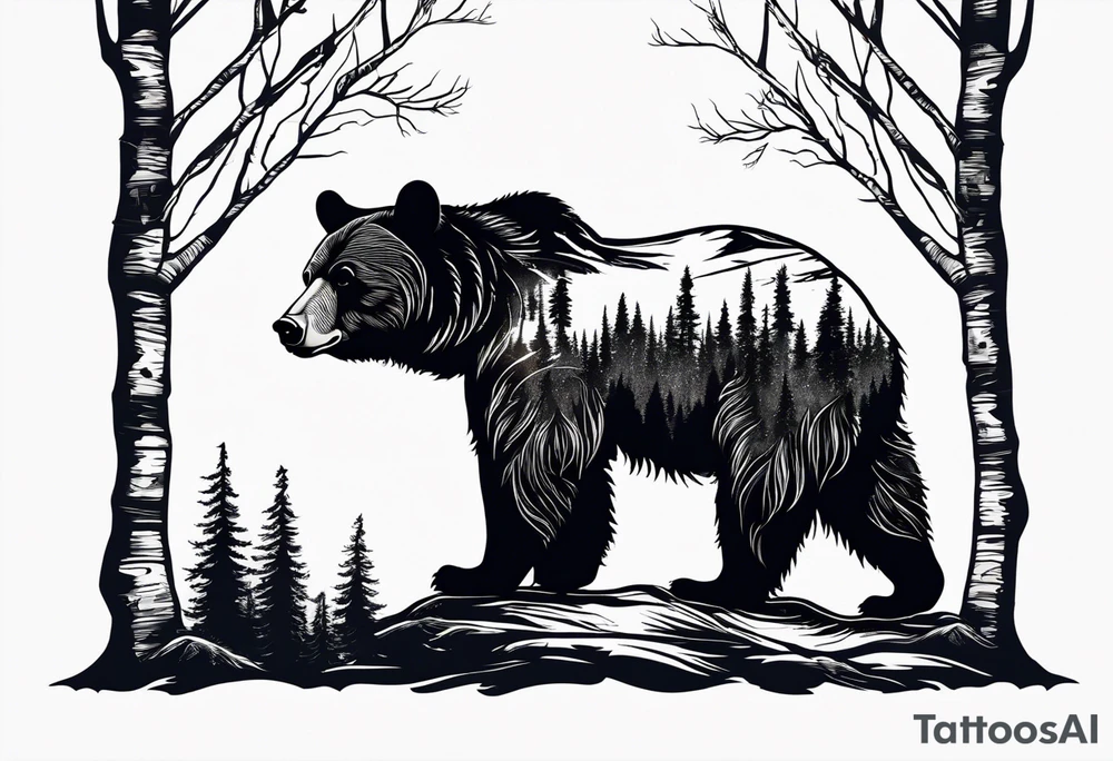 bear silhouette, birch tree, ankle band tattoo idea