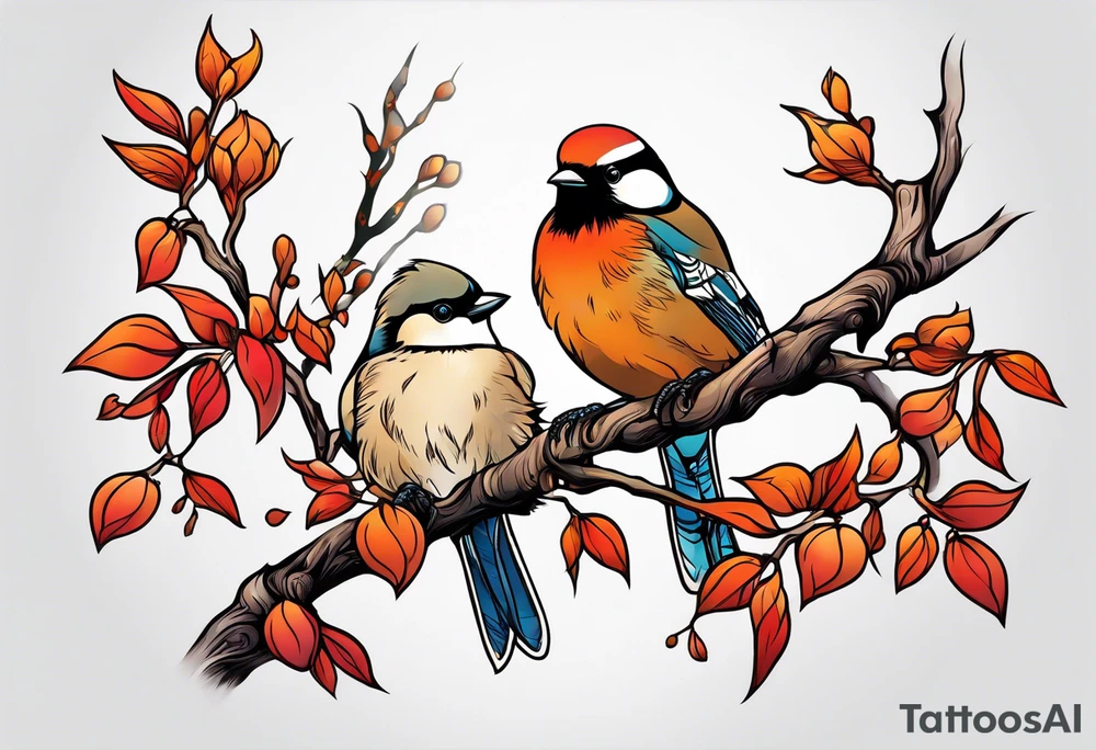 dry branch with shadows of birds tattoo idea