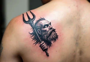 funny poseidon, behind a trident, looking at the sky tattoo idea