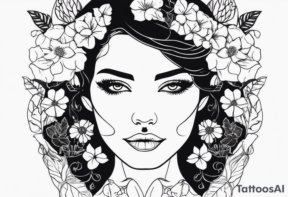 Powerful women’s face with flowers around tattoo idea