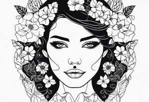 Powerful women’s face with flowers around tattoo idea