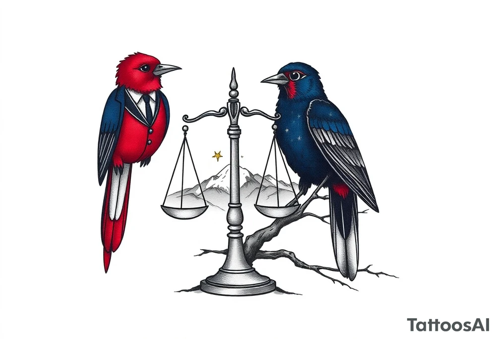 one of the birds red wearing a suit, other bird navy blue with glasses or holding a book, scales of justice built into a tree, starry night painting and mountain background tattoo idea
