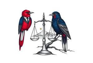 one of the birds red wearing a suit, other bird navy blue with glasses or holding a book, scales of justice built into a tree, starry night painting and mountain background tattoo idea