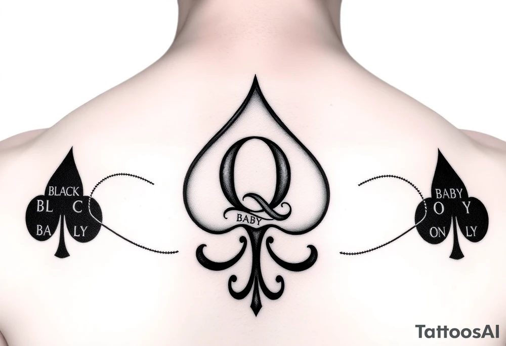 A spade womb tattoo with a Q in the center, with three points around the outside. The first reading, "BLACK". The second reading, "BABY". The third reading, "ONLY". tattoo idea