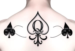 A spade womb tattoo with a Q in the center, with three points around the outside. The first reading, "BLACK". The second reading, "BABY". The third reading, "ONLY". tattoo idea