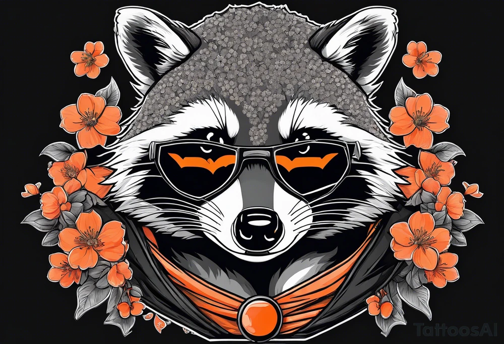 Raccoon wearing a white Superman logo on a black hoodie and orange Japanese cherry blossoms beside tattoo idea