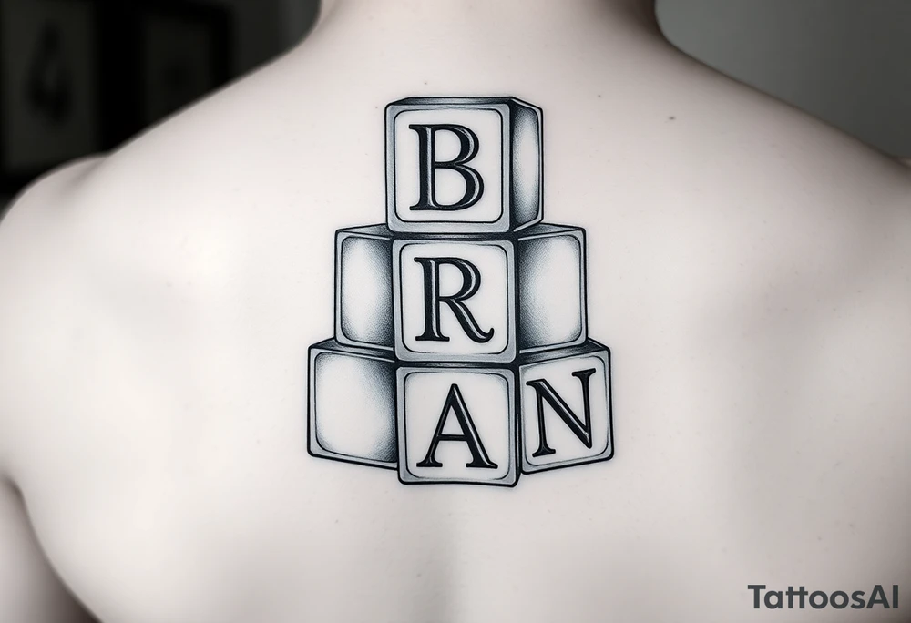 I WANT 5 TOY BABY BLOCKS STACKED ON TOP OF EACH OTHER AND I WANT EACH OF THEM TO HAVE A LETTER IN THEM. B, R, I, A, N THEY SHOULD BE STACKED ON TOP OF EACH OTHER IN 3D tattoo idea