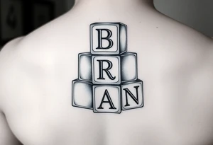 I WANT 5 TOY BABY BLOCKS STACKED ON TOP OF EACH OTHER AND I WANT EACH OF THEM TO HAVE A LETTER IN THEM. B, R, I, A, N THEY SHOULD BE STACKED ON TOP OF EACH OTHER IN 3D tattoo idea