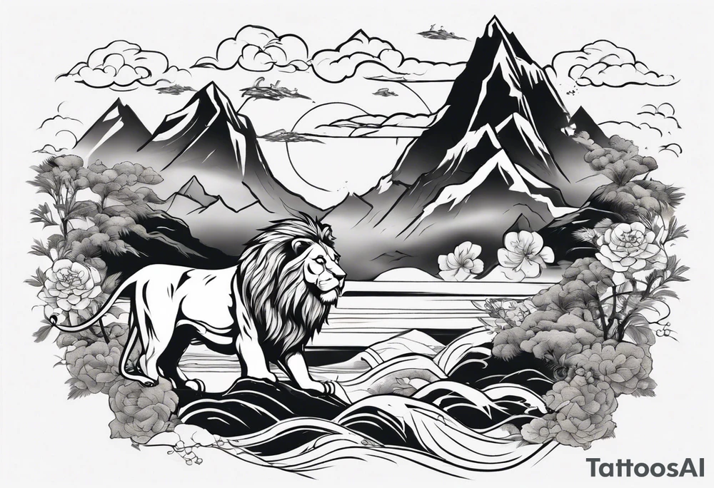 lion in a mountain and sea landscape tattoo idea