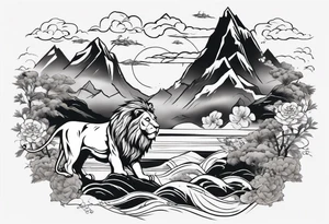 lion in a mountain and sea landscape tattoo idea