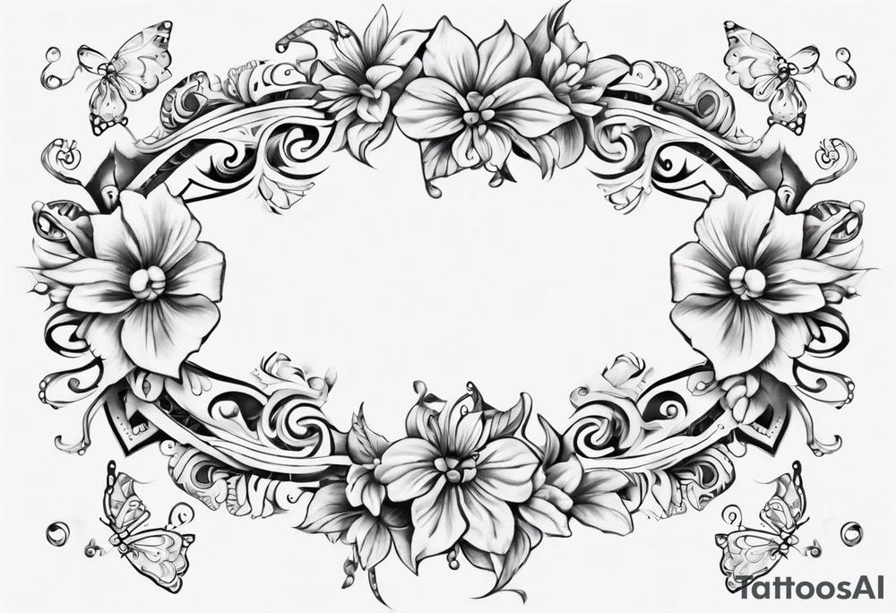 Ankle bracelet tattoo with ornamental style flowers and butterflies and larger in the centre tattoo idea