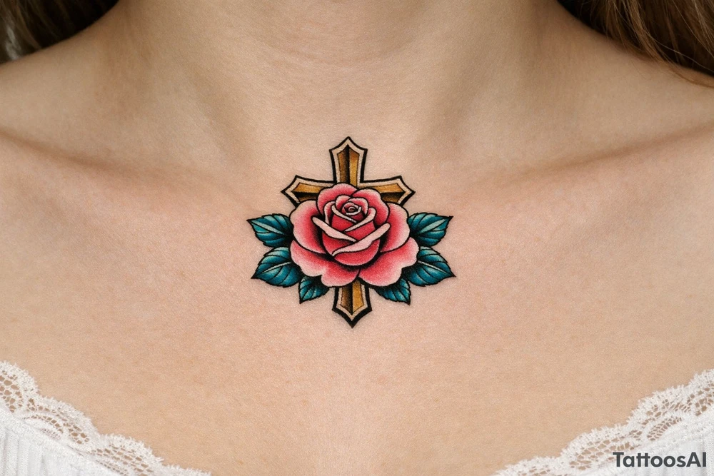 Pink rose , petrol leaves no stem, 
 cross behind it tattoo idea