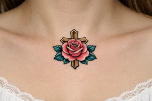 Pink rose , petrol leaves no stem, 
 cross behind it tattoo idea