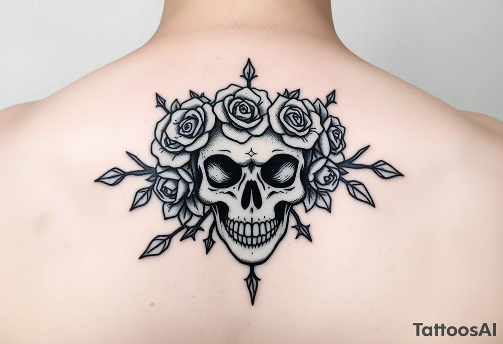 ornate skull adorned with crown of wild roses and thorns tattoo idea