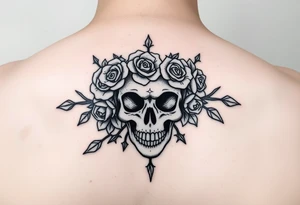 ornate skull adorned with crown of wild roses and thorns tattoo idea