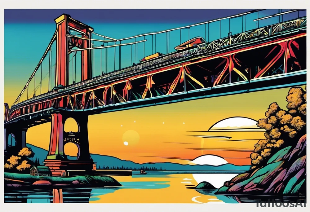 70's poster art, pop art, simple, view from under cantilever bridge tattoo idea