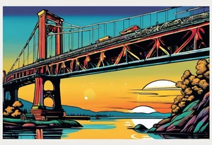70's poster art, pop art, simple, view from under cantilever bridge tattoo idea