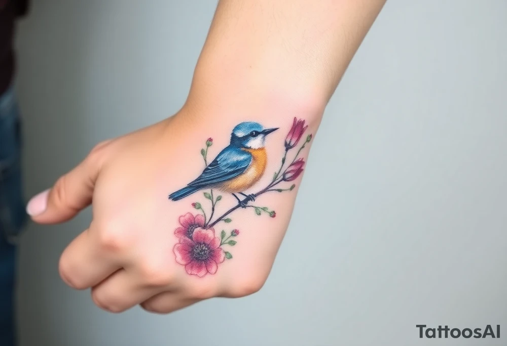 Bluebird with wild flowers tattoo idea