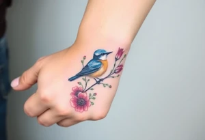 Bluebird with wild flowers tattoo idea