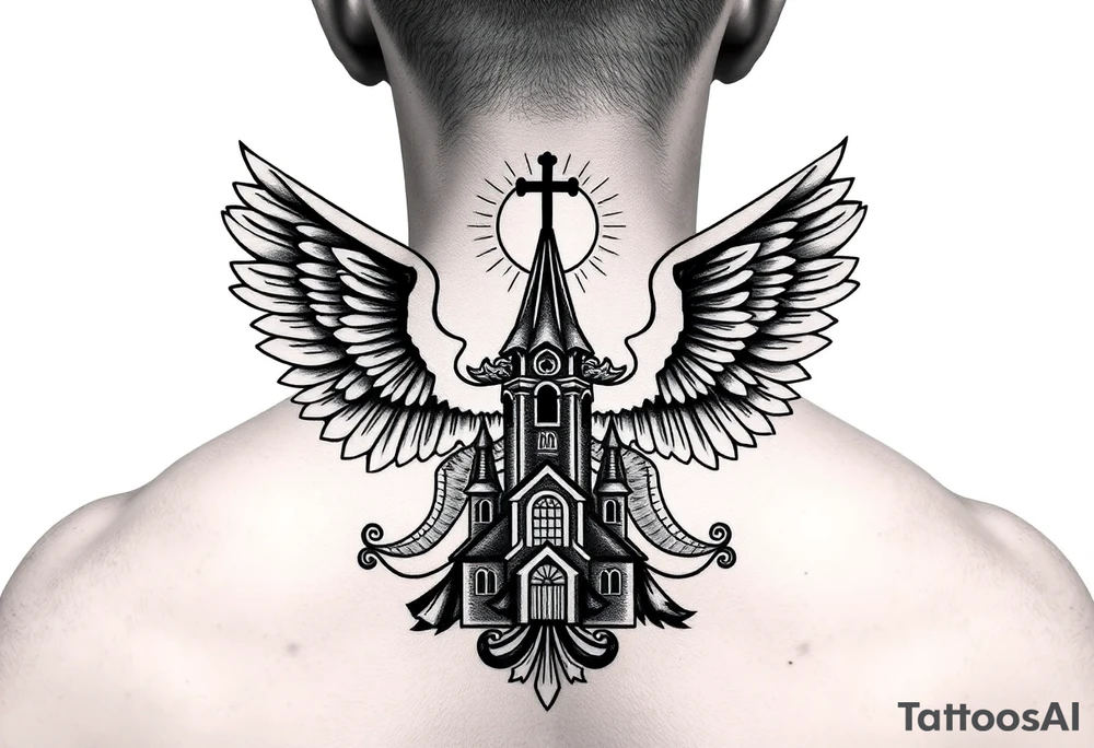 russian coat of arms with both heads visible & wings spanning out on my back neck across on to my shoulders with an orthodox christian church being visible in a mountainous sun beaming setting, with the russian orthodox cross spire of the orthodox church being visible on my neck with a sun beaming in the background that the cross sits inside tattoo idea