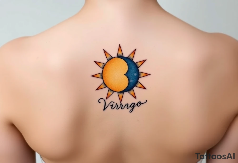 A sun and moon intertwined with delicate the word Virgo, blending gold, soft yellow, and midnight blue tones tattoo idea
