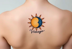 A sun and moon intertwined with delicate the word Virgo, blending gold, soft yellow, and midnight blue tones tattoo idea