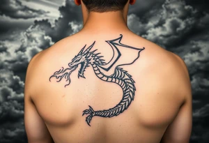fierce dragon breathing iridescent fire against stormy skies tattoo idea