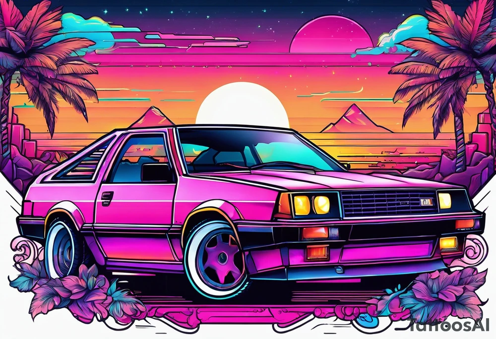 A synthwave scene with a casette, a car from the 80's and an old school computer tattoo idea