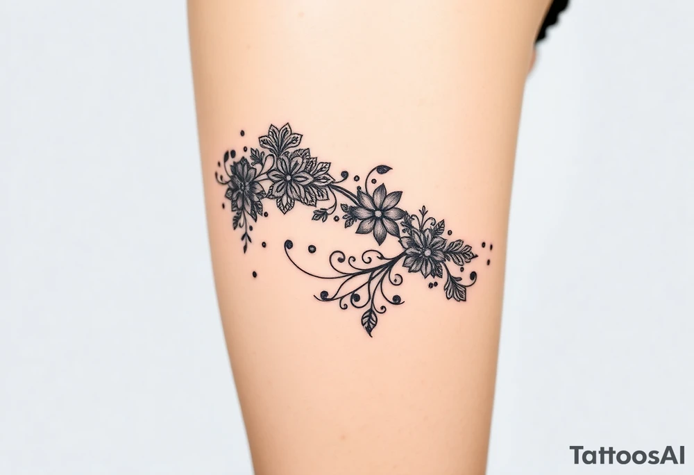 A delicate black lace band wrapped around the wrist, featuring intricate floral and filigree patterns tattoo idea