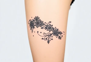 A delicate black lace band wrapped around the wrist, featuring intricate floral and filigree patterns tattoo idea