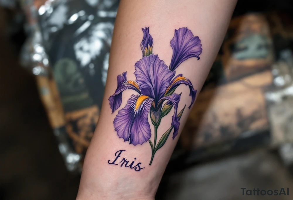 big purple flower with the name “IRIS” written in the stem of the flower in cursive on the outside of the forearm tattoo idea