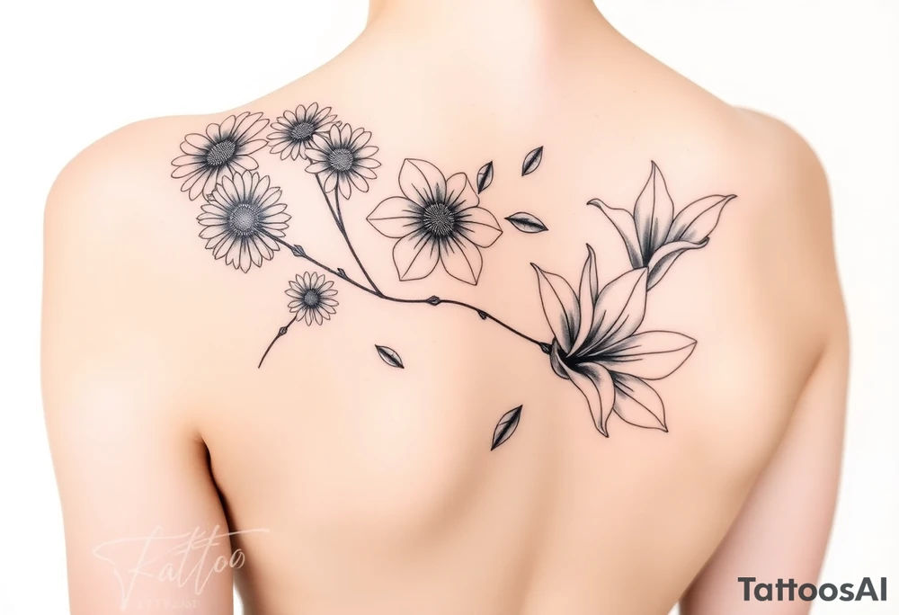 This tattoo is on a woman. It is a line of flowers connected by a single stem. It starts on her left pectoral with a Glaiolus and Daisy together, then the tatoo rises over the left shoulder and down the arm and ends at the elbow. The tattoo will include a primrose, Calla Lily, and a Lilly. It will be light on color except in the petals and has light shading to make it pop. tattoo idea