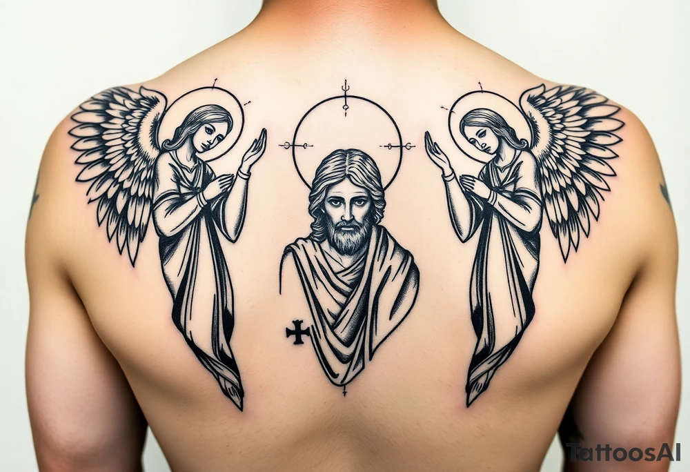 russian orthodox symmetrical guardian angel icon on left and right side of back with both angels holding up a jesus potrait tattoo idea