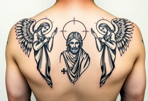 russian orthodox symmetrical guardian angel icon on left and right side of back with both angels holding up a jesus potrait tattoo idea