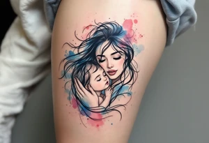 A black line-art portrait of a mom and daughter with flowing hair blending into watercolor shades of blue and pink. tattoo idea
