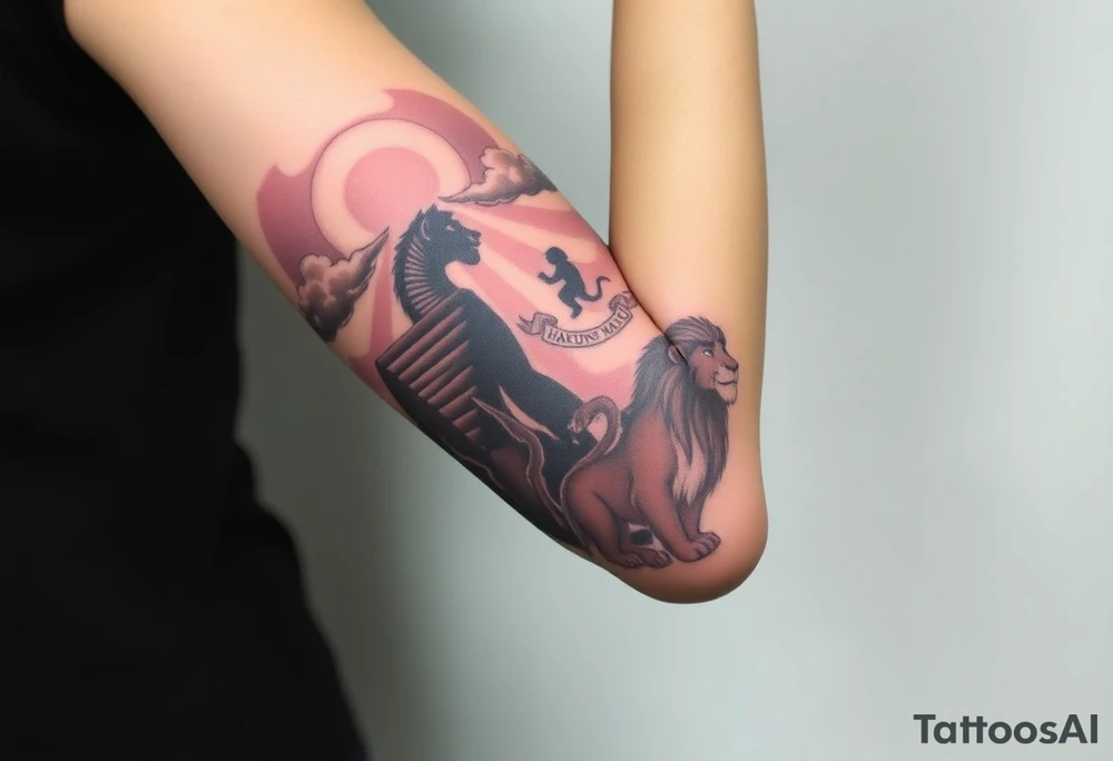 Sleeve tatoo; 
Top of the Shoulder (Crown Area):
* Mufasa in the clouds, majestic and wise, watching over everything below. Use soft shading and glowing edges to symbolize his spiritual presence.
Upper Arm (Bicep):
* Rafiki holding baby Simba up on Pride Rock. This can be the emotional centerpiece. Include sun rays breaking through clouds to give it a divine feel.
Mid Arm (Outer Bicep/Tricep):
* Scar lurking in the shadows with the three hyenas (Shenzi, Banzai, and Ed) around him, showing contrast between good and evil.
* Let the shading here be darker and more dramatic.
Inner Arm (Bicep):
* Timon and Pumbaa dancing or lounging, maybe with a small “Hakuna Matata” banner swirling above them. Their playfulness adds lightness and humor.
Forearm (Outer):
* Adult Simba and Nala side by side, looking into the distance, symbolizing growth, strength, and love.
* Behind them, a silhouette of the jungle or Pride Rock at sunset.
Forearm (Inner):
* Zazu flying mid-flight, trailing a scroll or message banner, maybe with a meaningful quote from the movie like: "Remember who you are."
Wrist/Wrap Around:
* Pawprints going around your wrist, fading out like Simba’s journey.
* Maybe a small Rafiki-drawn version of Simba’s symbol from the cave. tattoo idea
