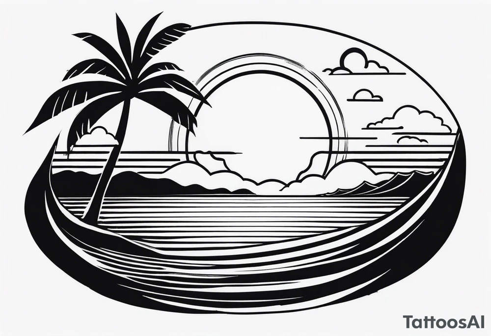 Hawaian beach with a big sun and many small waves, only black and white tattoo idea