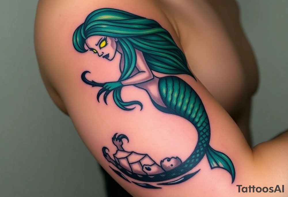 Siren’s Doom – A beautiful yet sinister mermaid with long, flowing sea-green hair, sharp black claws, and piercing glowing yellow eyes. Her serpentine tail wraps around a drowning pirate, pulling him into the abyss. tattoo idea