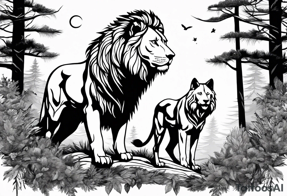 lion and a wolf combined whit a forest tattoo idea