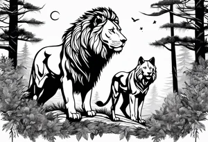lion and a wolf combined whit a forest tattoo idea