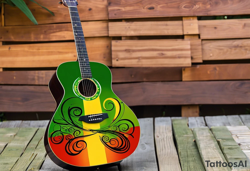 A reggae-inspired acoustic guitar with swirling lines of music notes and stars. Within the swirls, subtle shapes of a tall figure, a short figure, and a rooftop emerge—almost like hidden elements.
Add an abstract sun or moon to represent the tropical vibe of Curaçao evenings.
Use reggae colors (green, yellow, red) sparingly for accents. tattoo idea