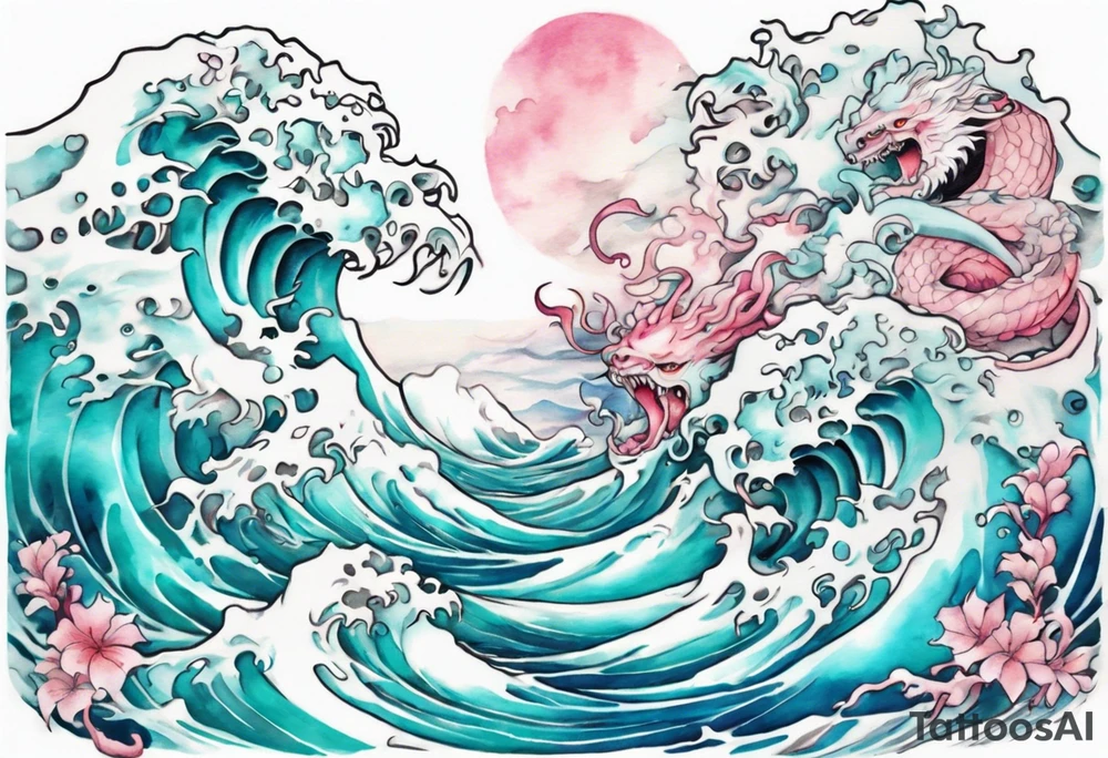 a beautiful turquoise and white and pink Scylla rising from the blue waves of the ocean tattoo idea