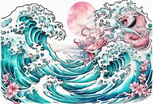 a beautiful turquoise and white and pink Scylla rising from the blue waves of the ocean tattoo idea