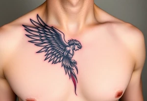 Angel black and red on left chest male tattoo idea