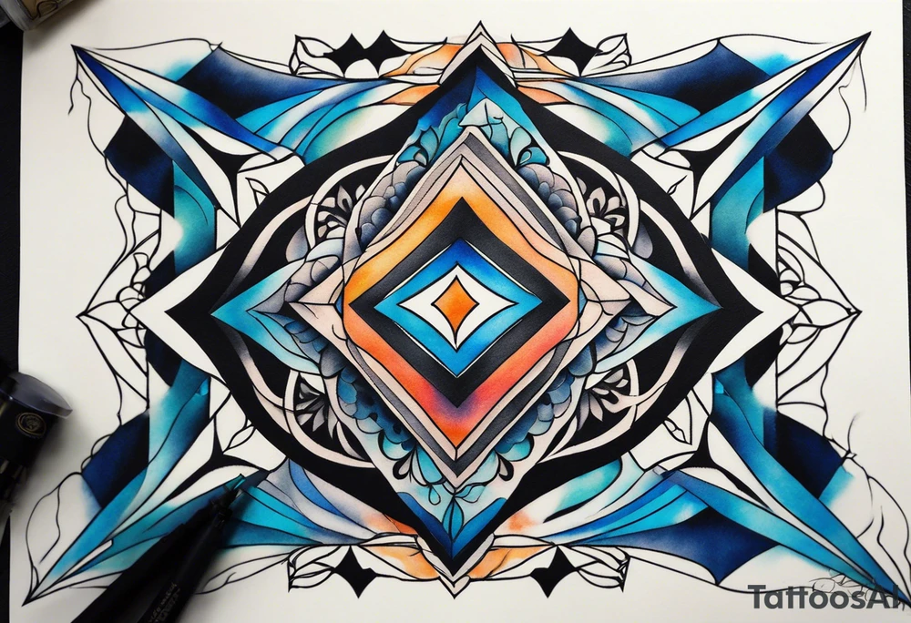 semi Detailed neo traditional knee tattoo flat on paper. The tattoo features geometric patterns and bold lines, creating a visually striking design with slight tints of deep fall colors. The a background 
outside the tattoo features deep blues washes and water swirls tattoo idea