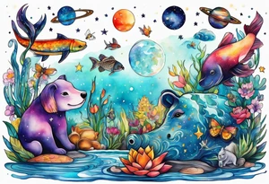 Glass animals and wildlife in Amsterdam canal in space featuring galaxy colours featuring Animals made from glass arm tattoo tattoo idea